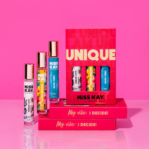 Miss Kay. I AM UNIQUE KIT Eau De Parfum, 3 MEMORABLE AND UNIQUE SCENTS JUST LIKE YOU, Boho Vibes, Urban Love, and Aloha Beaches!