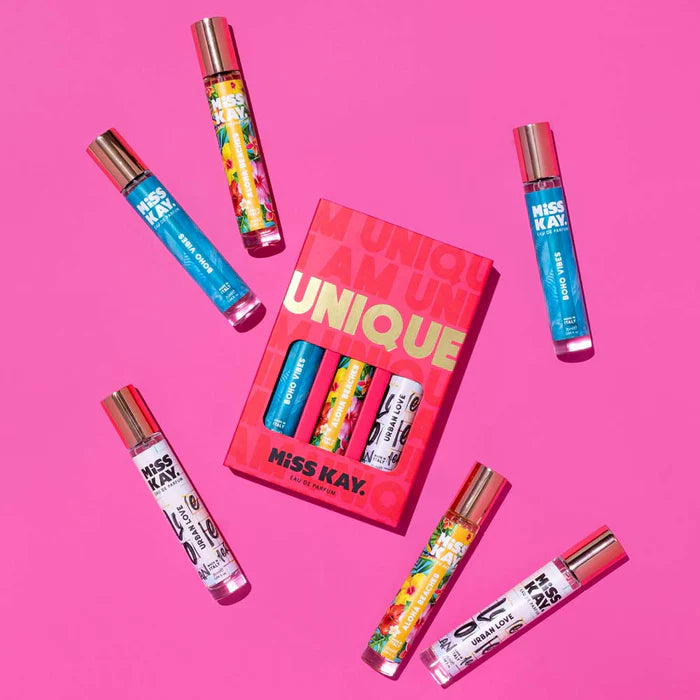 Miss Kay. I AM UNIQUE KIT Eau De Parfum, 3 MEMORABLE AND UNIQUE SCENTS JUST LIKE YOU, Boho Vibes, Urban Love, and Aloha Beaches!