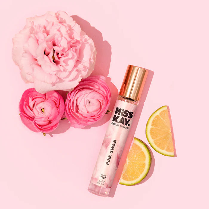 Miss Kay. Eau De Parfum - Pink Swan: Lemon, Bergamot, Frangipani, Jasmine, 25 ML, .84 FL OZ