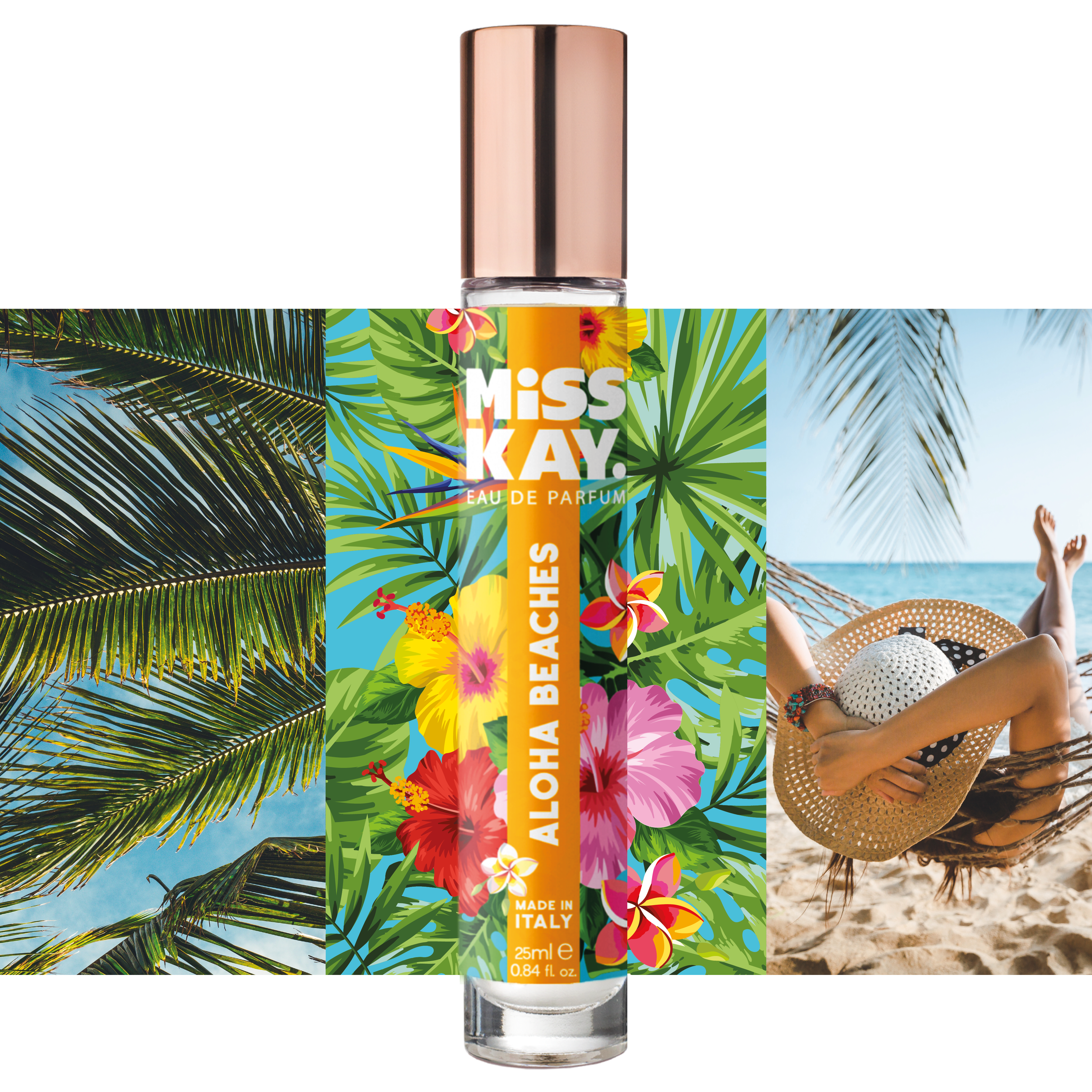 Miss Kay. Eau De Parfum - Aloha Beaches: Coconut, White peach, Vanilla Beans, Litchi, 25 ML, .84 FL OZ